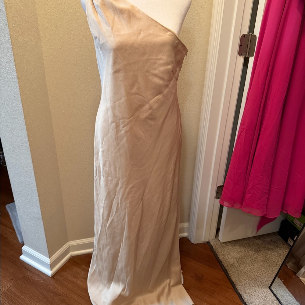 Gianni Bini One-Shoulder Satin Dress in Beige